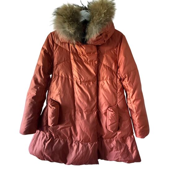 Surlansive Orange Mid Lenght Down Puffer Coat Women’s Fur Hood Size 36 - Picture 1 of 16